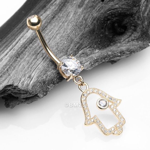 14 Karat Gold Hamsa Hand Amulet Sparkle Belly Button Ring - Picture 1 of 2